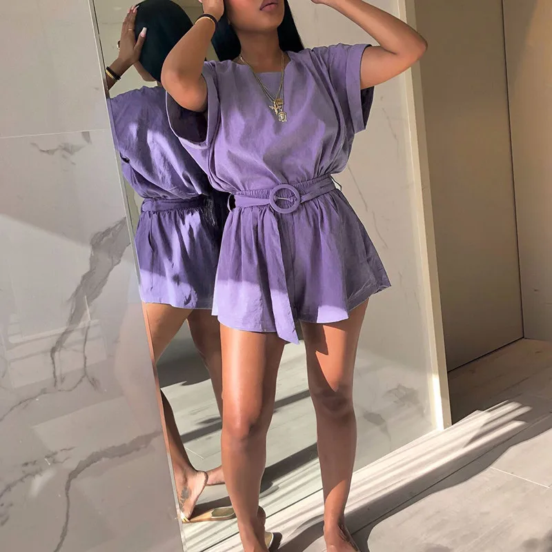 

Summer two piece set women short sleeve tops and shorts tracksuits Women casual loose belted outfits 2 piece set suits vestidos