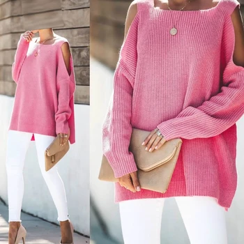 

2019 Female Casual Knitted Sweater Pink Autumn Women Sweaters And Pullovers Cold Shoulder Long Sleeve Pull Femme Solid Pullover