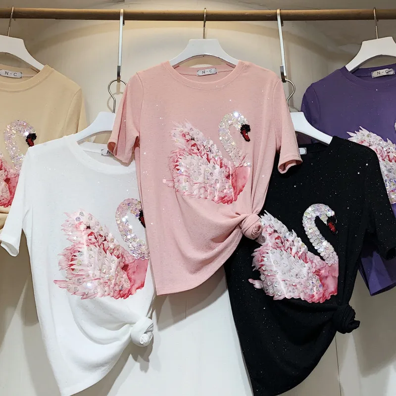 

Shot Summer Short Sleeve Female Tshirts O Neck Bright Silk Students Tops All-match Beads Sequins Swan teenager girl clothes Tees