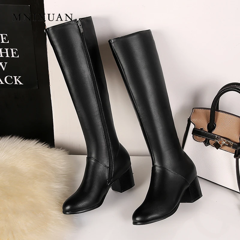 

MNIXUAN Knight boots solid fashion office women shoes 2018 new winter round toe military boots high boots with zipper big size43