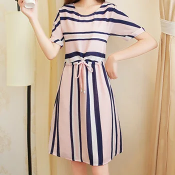 

Summer Women Fashion O Neck Striped Dress Sexy Side Split Elegant Waist band Beach Casual Dresses