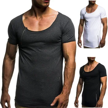 

zekaMeka Cross-Border Issuing New Men's Fashion And Solid Color round Neck Zip Panel Slim-Fit Summer Short Sleeve T-shirt
