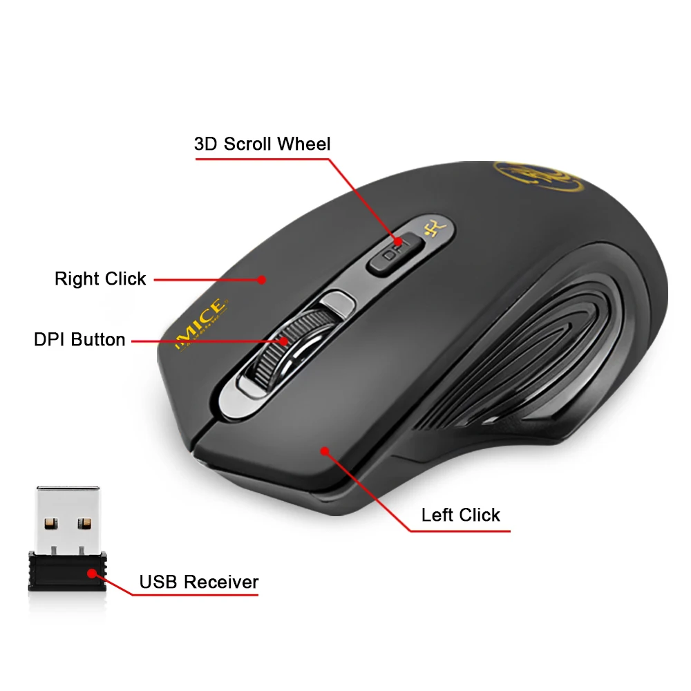 Wireless Mouse Gaming Mouse Optical Mouse 2000DPI Adjustable USB 3.0 Receiver 2.4GHz For Laptop