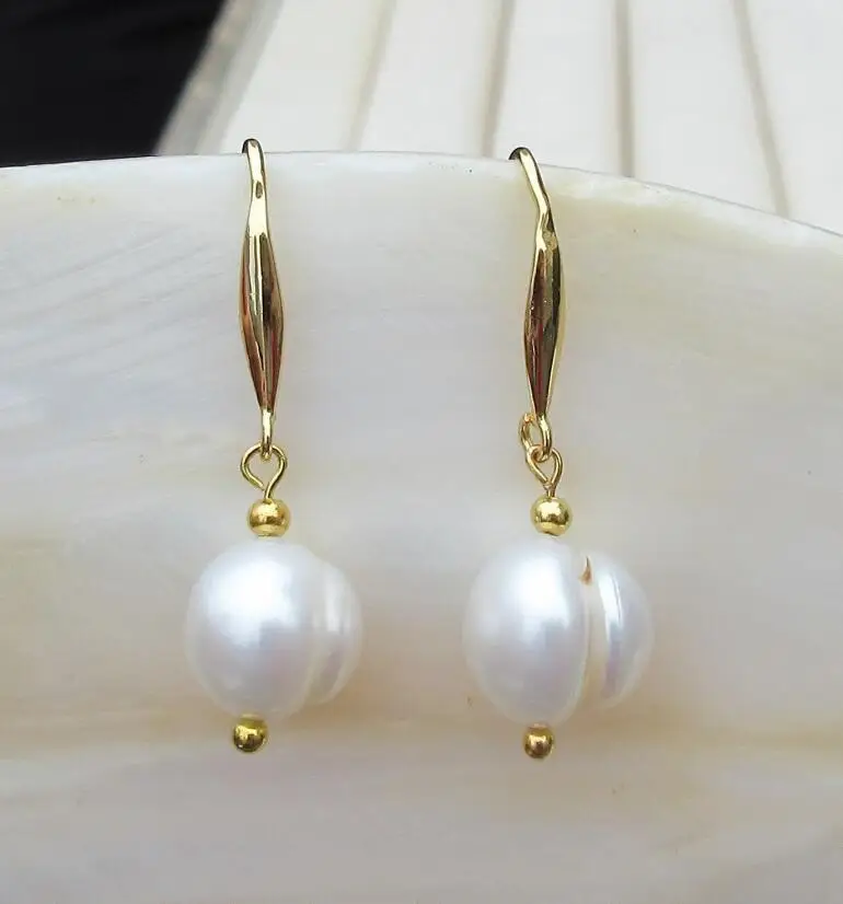 

CHARMING 9.3-10.1mm south sea baroque white pearl dangle earring 14k/20