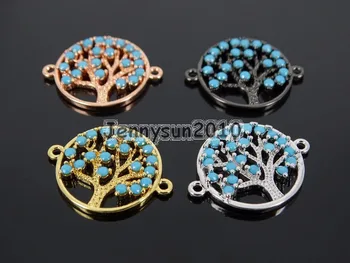 

Tur-quoise Zircon Gems Stones Pave Tree Of Life Bracelet Connector Charm Beads Silver Gold Rose Gold Gunmetal 10Pcs/Pack