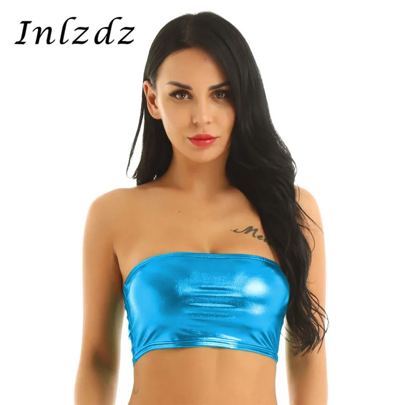 

Women's Pole Dance Tube Top Bra Rave clothes Shiny Metallic Strapless Tube Top No-Padded Wrapped Chest Bandeau Female Crop Top