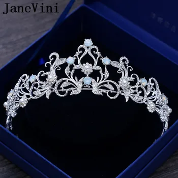 

JaneVini Silver Princess Bride Tiaras Crowns Luxury Crystal Beaded Baroque Pearl Headbands Wedding Crown Headpiece Hair Jewelry
