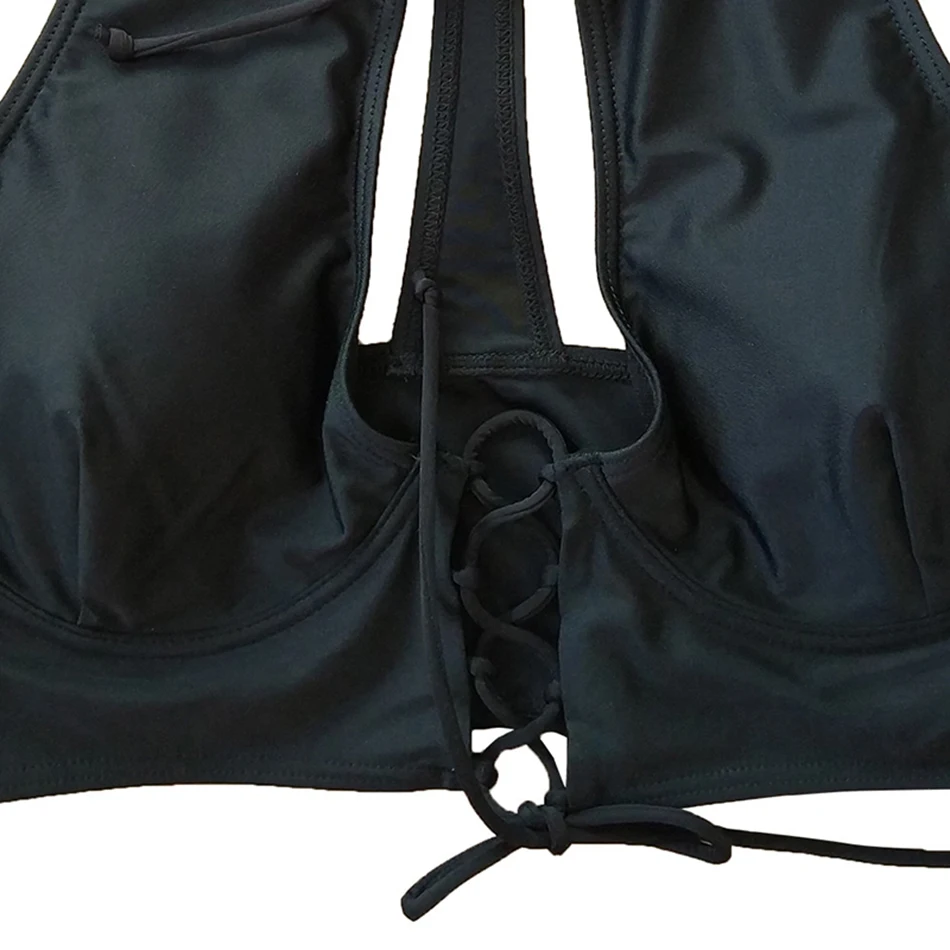 Women Swimsuit 2018 Summer Female Sexy Bikini Bandage Solid Beach Wear with Collar Bathing Suit Corset Swimwear Monokini XL 6