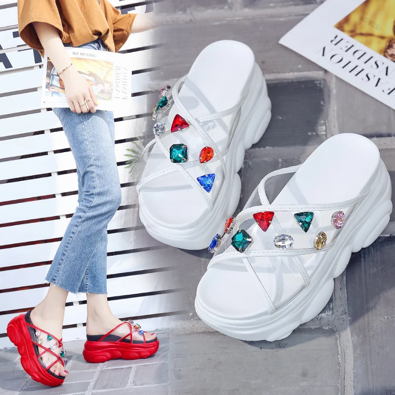 

Women PVC Clear Transparent Sandals Platform Wedge High Heels Slides Mules Rhinestone Beaded Straw Hemp Cane Shoes