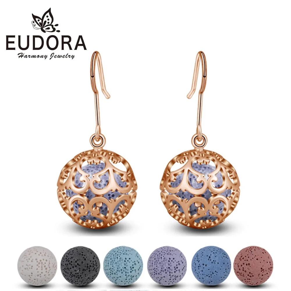 

EUDORA 12mm Flower of life Cage Drop Earring Rose Gold Aromatherapy Hook Earring fit Lava Stone Ball Angel Caller Jewelry HR09