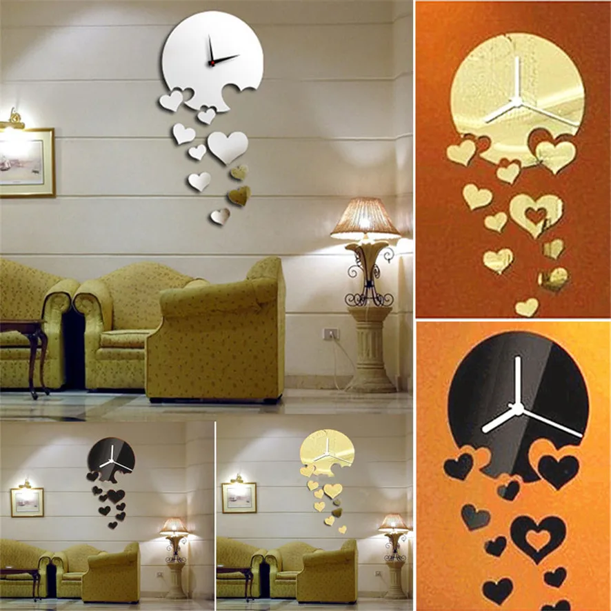 

Wall Art 2017 Luxury 3D Love Heart Home Clock Decor Bell Mirrors Wall Stickers GD Purchasing drop shipping