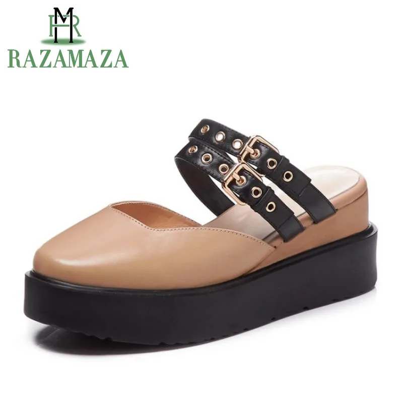 

RAZAMAZA Women Genuine Leather Sandals Thick Bottom Buckle New Summer Shoes Women Chunky Heels Platform Slippers Size 34-39