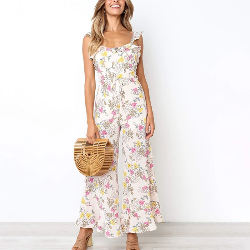 DORVIVON Chiffon Foral Print Jumpsuits Women 2019 Summer Ruffles Backless Sexy Wide Leg Long Pants Jumpsuit Casual Rompers Femme