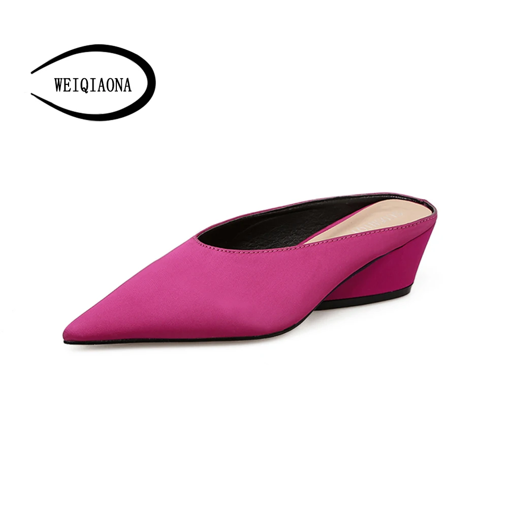 

WEIQIAONA New Summer Women's Elegant silk Chunky Heels pumps Shallow pointed mid-heels Comfortable Mules shoes Ladies flip flop