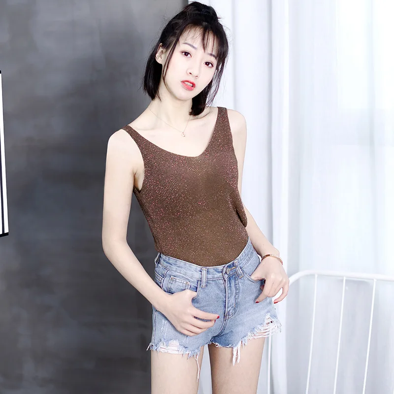 Spring Sparkling Casual Knitt Sweater Women V-neck Vests Summer Fashion Solid High Elasticity Soft Sexy Slim Sweaters Femme |