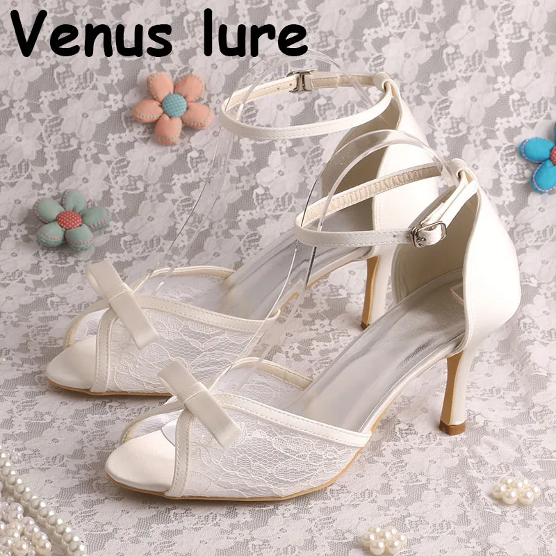 Ankle Strap Wedding Shoes White For Bride Lace Open Toe Bow