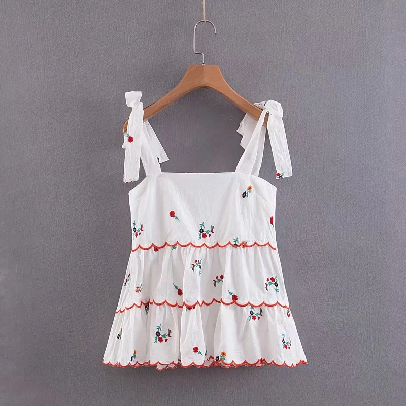 

Flower Embroidery White Sling Blouse Women Sleeveless Tops 2019 Summer Leisure Female Loose Shirt S5903