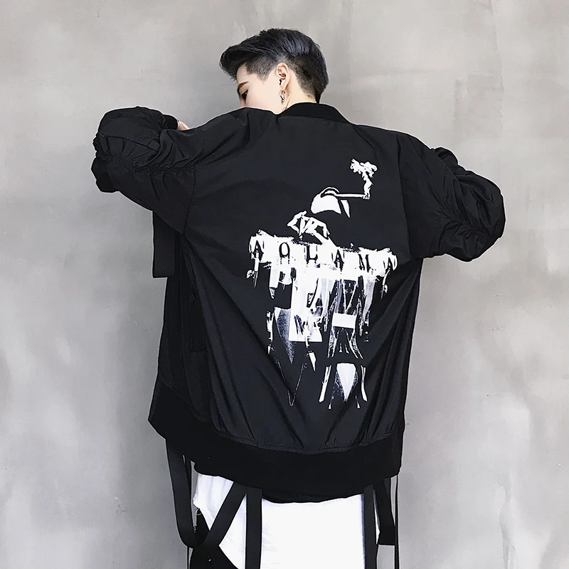 

Drop Shipping New Fashion High Street Printed Pattern Ribbon Zipper Men Flying Jackets Hip Hop Autumn Casual Male Slim Outerwear