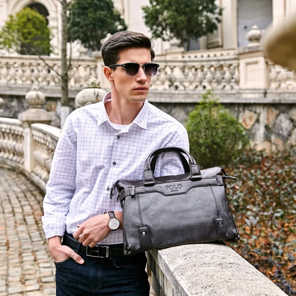 VICUNA POLO High Capacity Hollow Out Bottom Men's Leather Briefcase Bag For 14'' Laptop Vintage Business Leather Mens Handbags