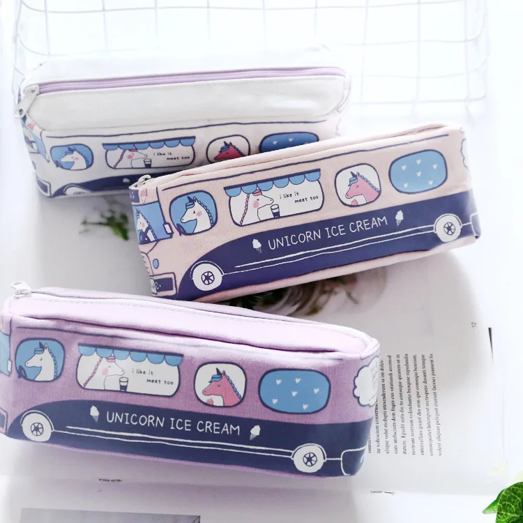 

Unicorn Bus Student Canvas Large Capacity Pencil Bag Stationery Storage Organizer Pencil Case School Supply