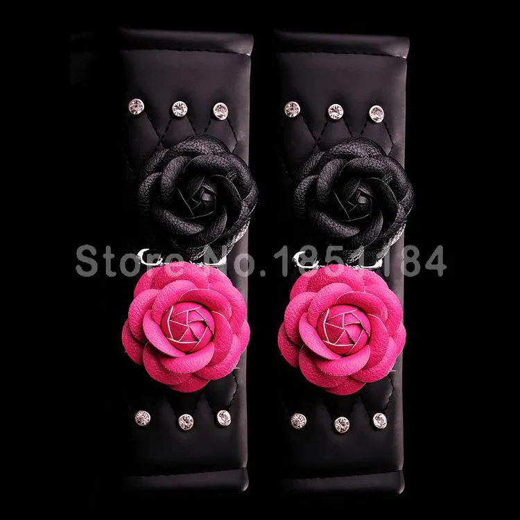 Camellia-Flower-Rhinestone-Leather-Car-Seat-Safety-Belt-Covers-2pcs-Rose-Black-l1