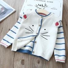 Детский вязаный свитер с рисунком кота весенне-осенняя хлопковая трикотажная одежда с вышивкой для девочек, детский полосатый кардиган, нижняя куртка X253