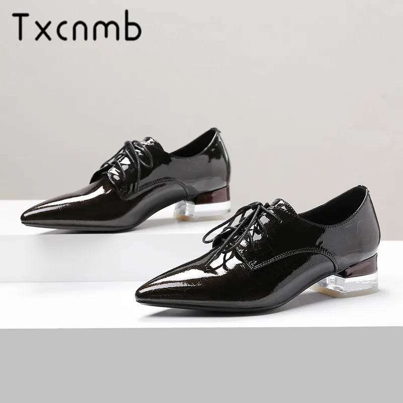 

TXCNMB Top Quality High Heels Genuine Leather Pointed Toe Party Shoes Woman Lace-up Spring Summer Brand Office Pumps Shoes