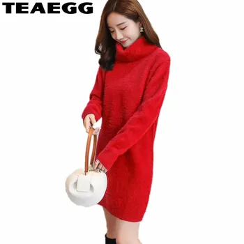 

TEAEGG Woman Spring Dress 2020 Red Dress Turtleneck Long Sleeve Women Sweater Dress Sweaters and Pullovers Dresses Lady AL806