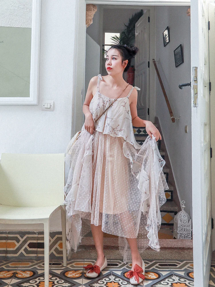 

Summer Women Bohemian Beach Casual Loose Floral Chiffon Mesh Long Dress Ladies Sweet Cute Irregular Design Fringe Dress vadim