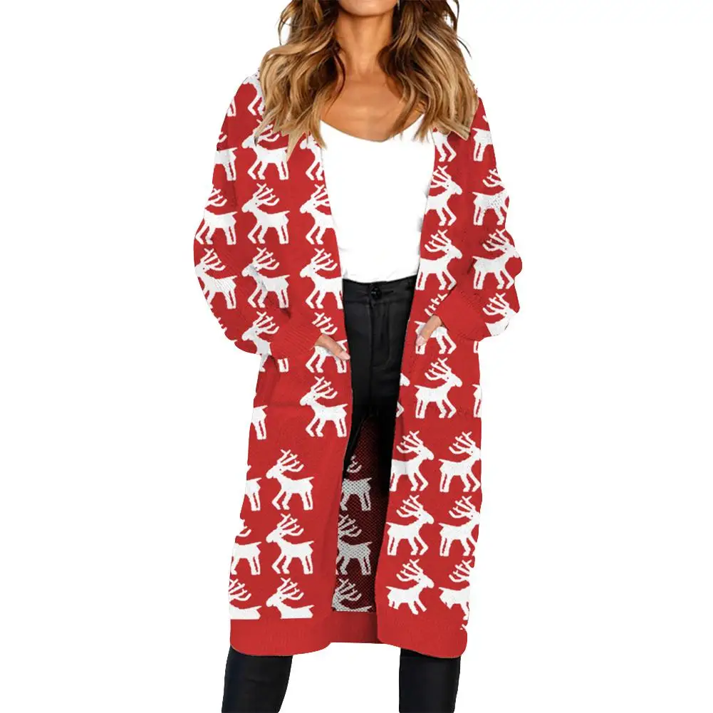New Arrival Christmas Tree Snowman Reindeer Winter Women Casual Knitted Cardigan Long Coat -in 