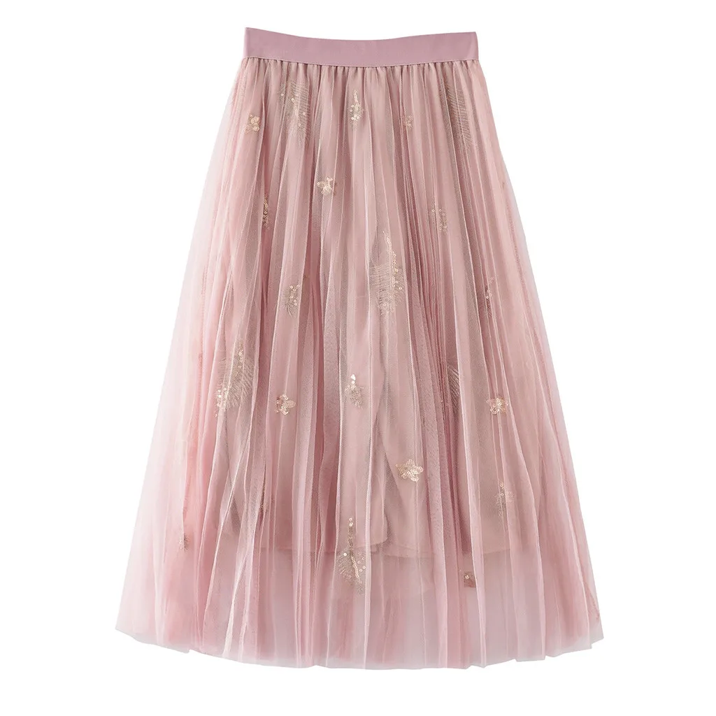 Женская фатиновая юбка с высокой талией, шифоновая Лоскутная Женская плиссированная юбка с блестками, Длинная женская сверкающая юбка, летняя юбка falda tul mujer - Цвет: Розовый
