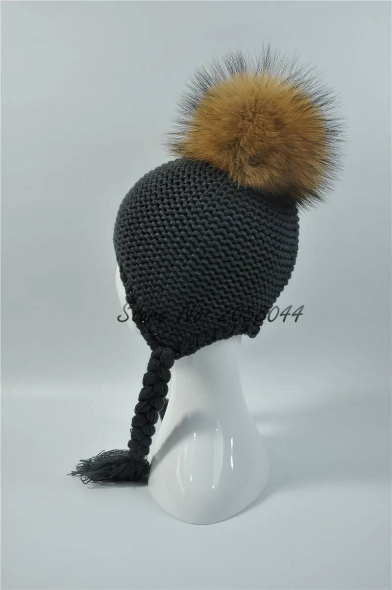 Детская меховая шапка с вязаным помпоном из натурального енота, теплая зимняя шапка, вязаная шапка с помпоном из натурального меха для детей, для мальчиков и девочек
