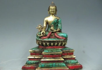

USPS to USA S2847 8" Tibet Pure Bronze 24K Gild inlay turquoise Red coral Sakyamuni Buddha Statue