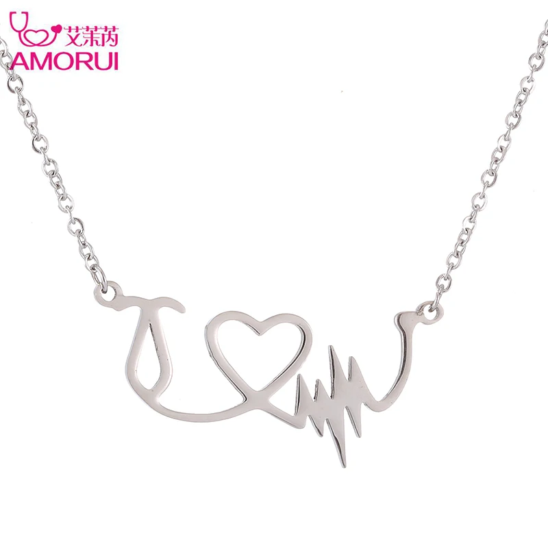 AMORUI Heartbeat Charm Statement Necklace Women Heart Stethoscope Stainless Steel Necklaces Jewelry Bijoux Gift Bague Femme
