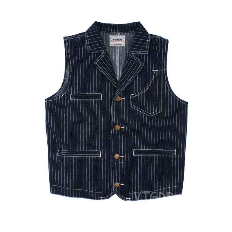 

Vintage Men's Denim Foreman Vest Motorcycle Striped Lapel Jean Jacket Waistcoat For Rider Biker