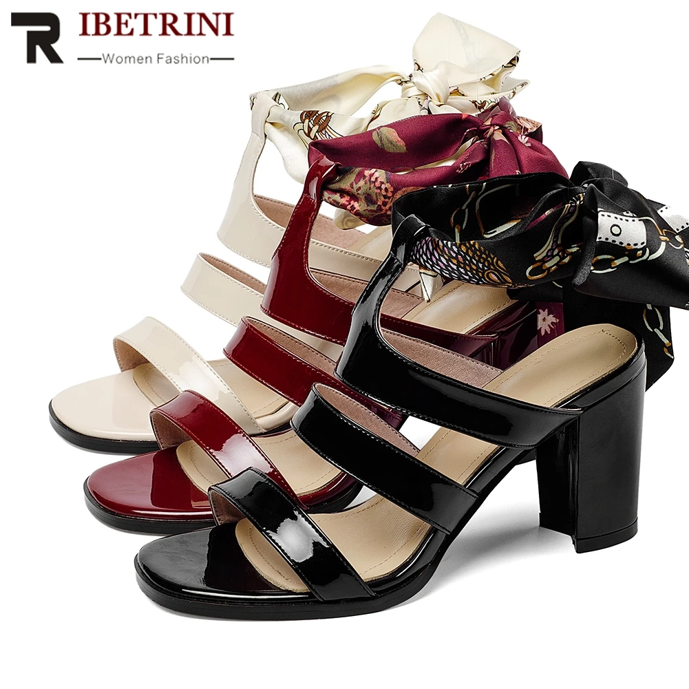 

RIBETRINI 2019 Hot Sale Genuine Leather Chunky High Heels Summer Shoes Woman Sandals Ankle Strap Fashion Sandals Woman Shoes