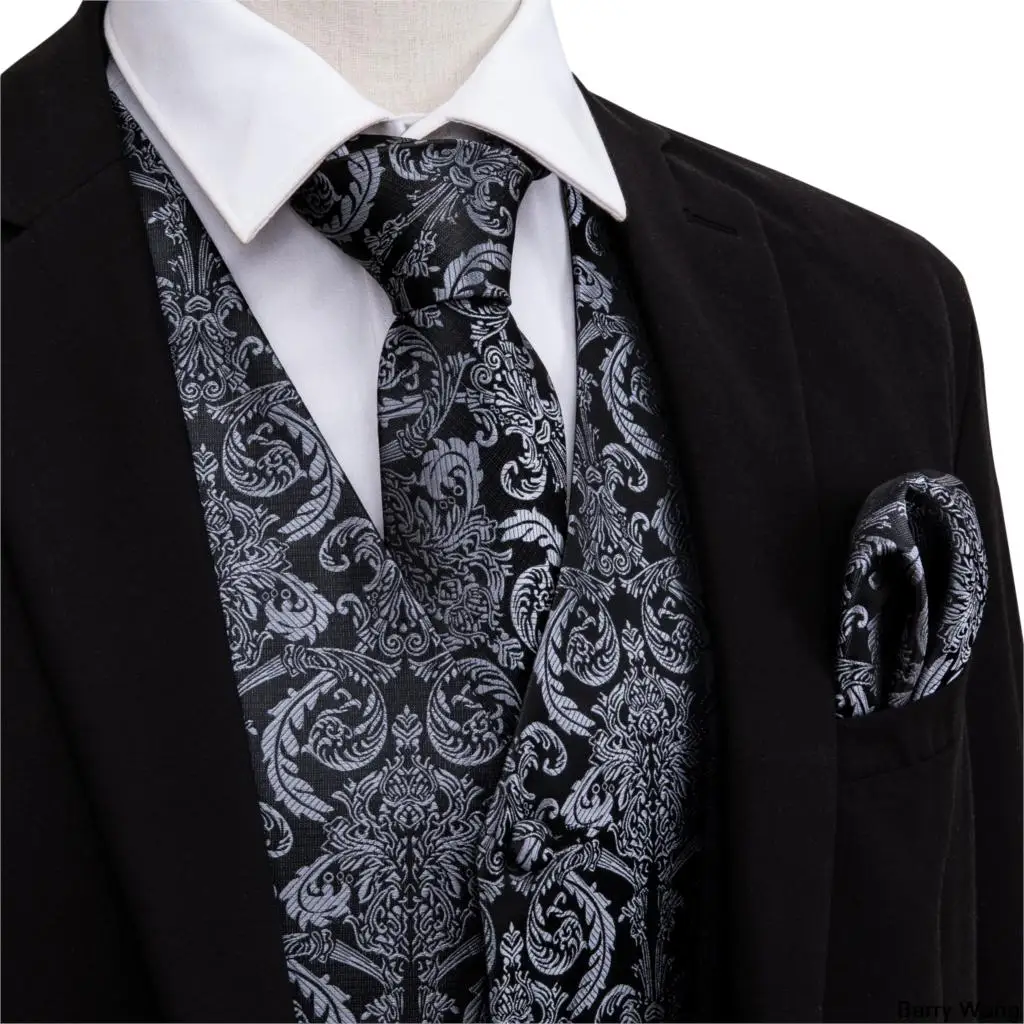 Дизайнерские мужские классические черные Пейсли ЖАККАРДОВЫЕ фолральные шелковые жилеты платок галстук жилет Карманный платок для костюма набор Barry.Wang