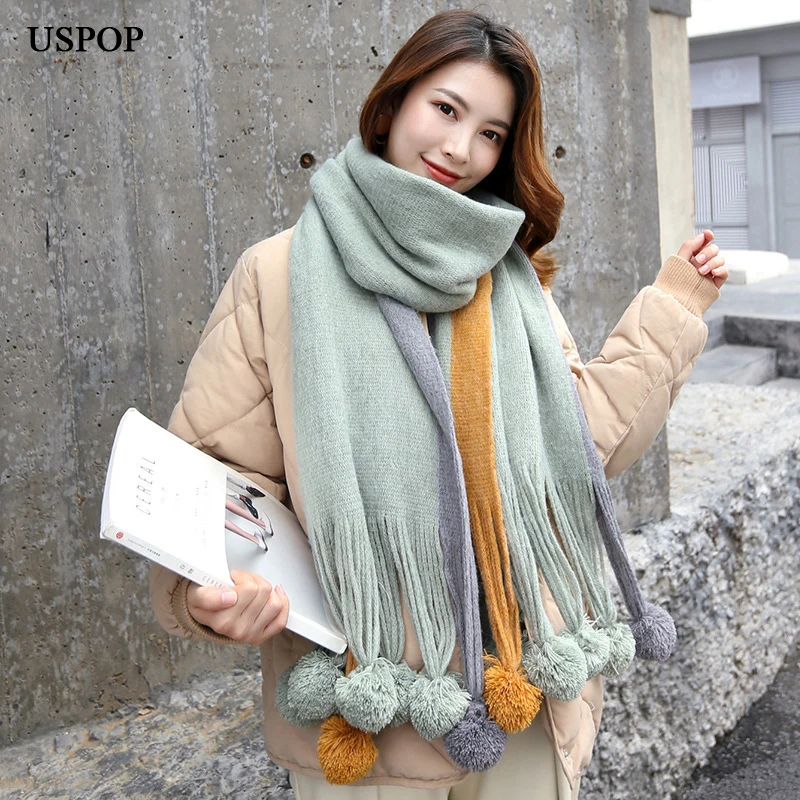 Best Price F5vsK USPOP 2019 New women scarves fashion winter thick long scarf color patchwork pompoms pashmina soft warm thickened winter shawl