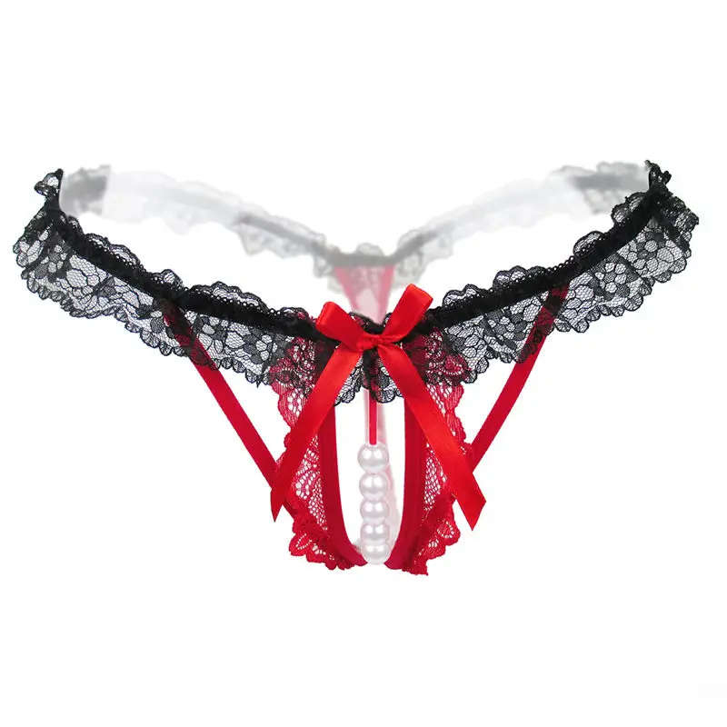 

Women Sexy Panties Ladies Lace Bow String Pearl Sexy Temptation Hollow G String Open Crotch Female Underwear Majtki Damskie