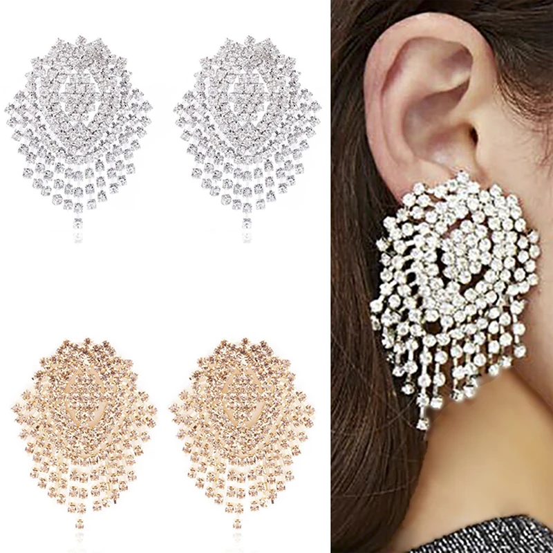 Gold Silver Wedding Big Crystal Earrings for Brides Women Crystal Bride Dangle Earrings with Stones Jewelry 4 Colors