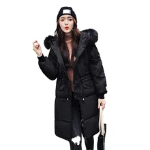 Зима плюс Размеры пуховик Для женщин длинные парка с капюшоном меховой воротник утка вниз пальто Мягкий Высокое качество женские зимние верхняя одежда