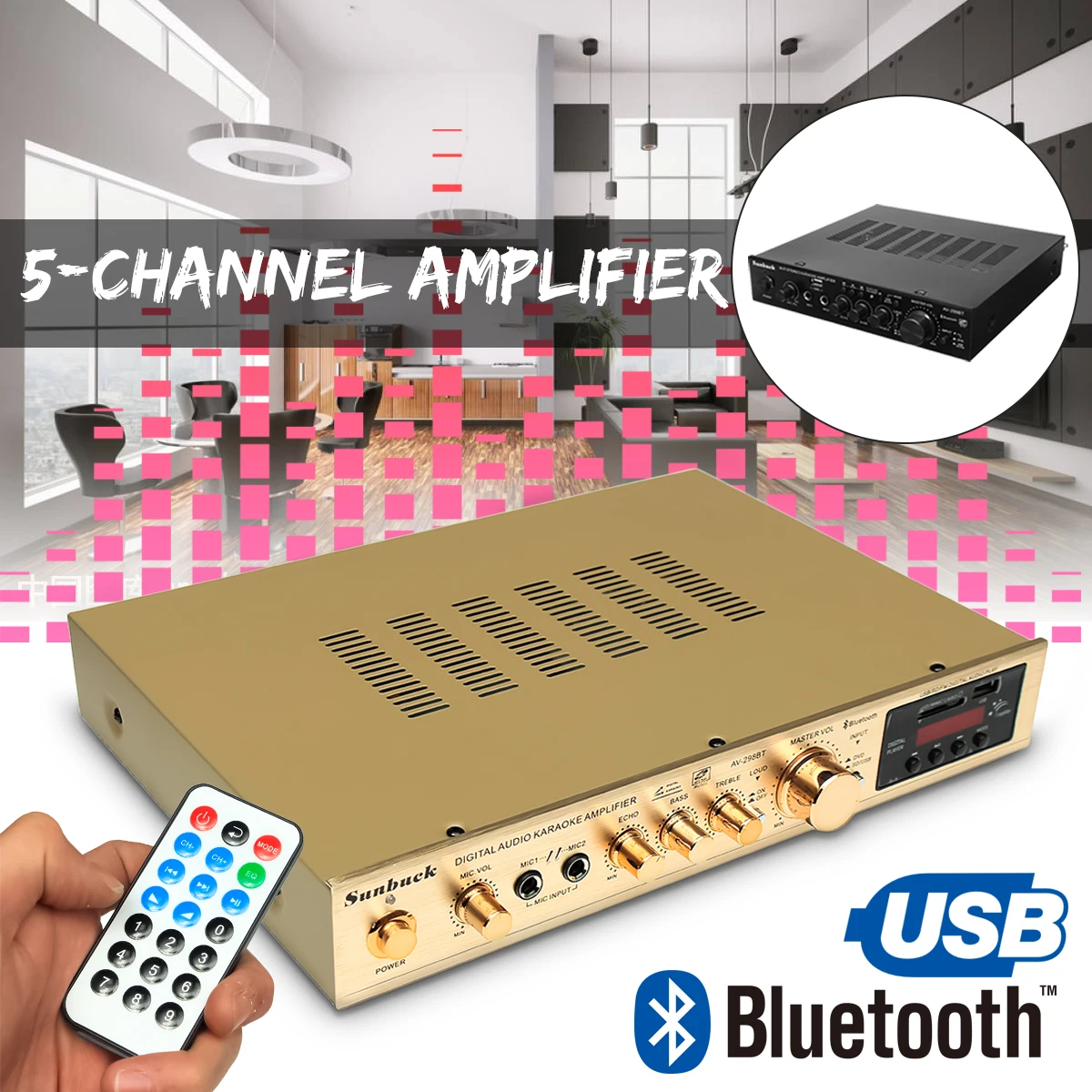 

298B bluetooth 2.0 Channel 2000W 5 Channel Audio Power Amplifier 220V AV Amp Speaker with Remote Control Support FM USB SD Card