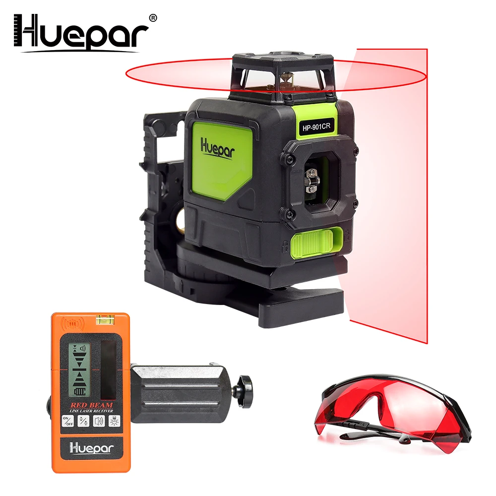 Huepar Red 5 Lines Laser Level Cross Line 360 Rotary Self leveling Lasers With Digital Laser
