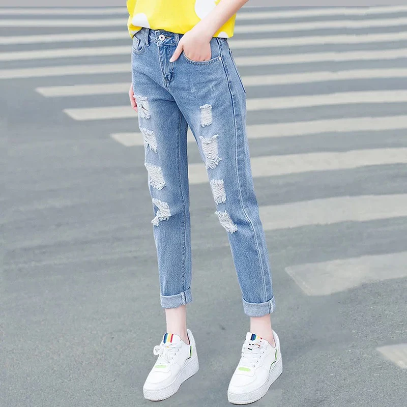 

2019 New Women Ankel-Length Pants High Waist Ripped Washed Regular Straight Casual Coated Lady Jeans With Cuffs size