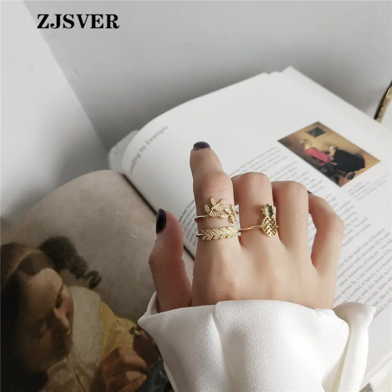 

ZJSVER 925 Sterling Silver Rings Golden Korean Fashion Simple Pineapple/Plantain/Leaf Three Types Women Ring Wholesale Jewelry
