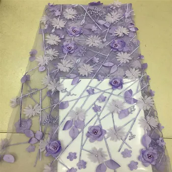 

Great Quality Nigerian 3d beaded lace fabric Purple African French 3D Flowers lace fabric with beads HX641-2