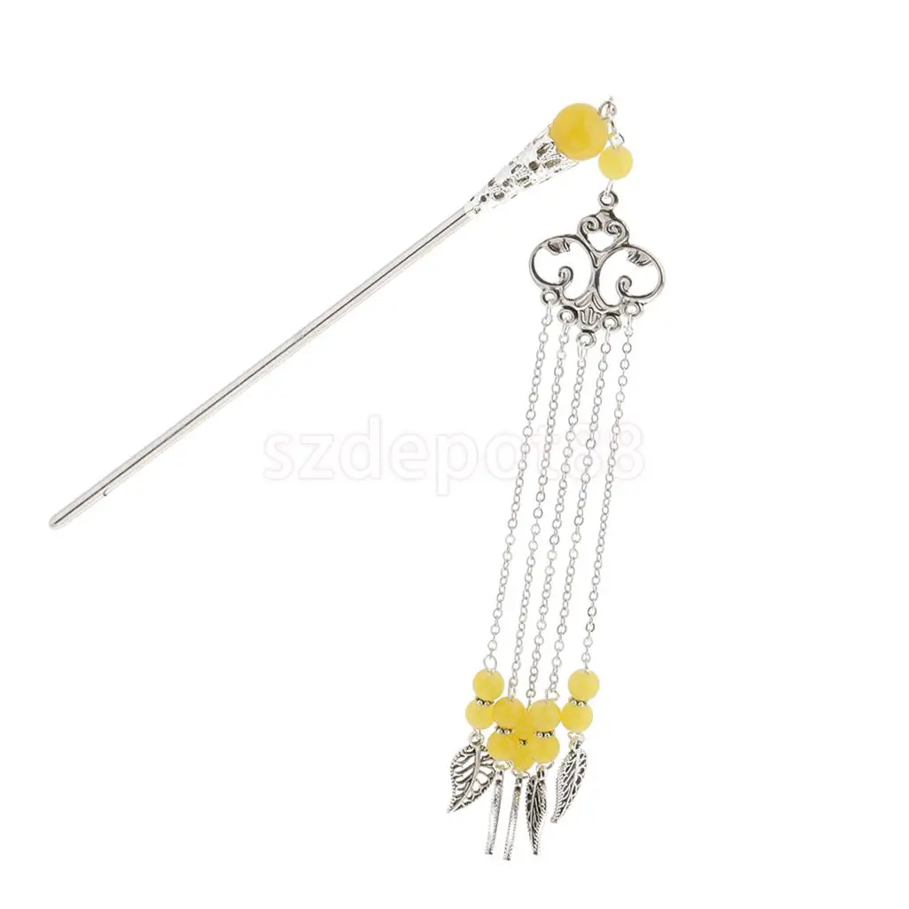 Solid Metal Tasel with Beads Stick Pin Hanfu Dress Ancient Chinese Cosplay Drama Girls Cute Hair Pin