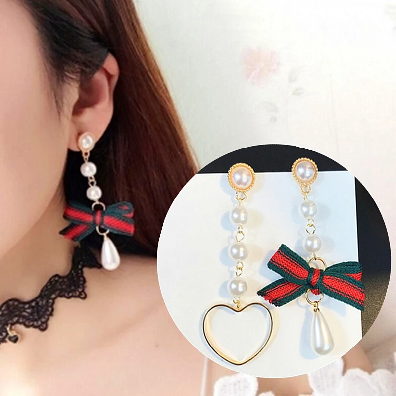 

New Korean Charm Imitation Pearl Tassel Love Heart Earrings for Women Fashion Asymmetric Bow Earring Luxury Jewelry Brincos
