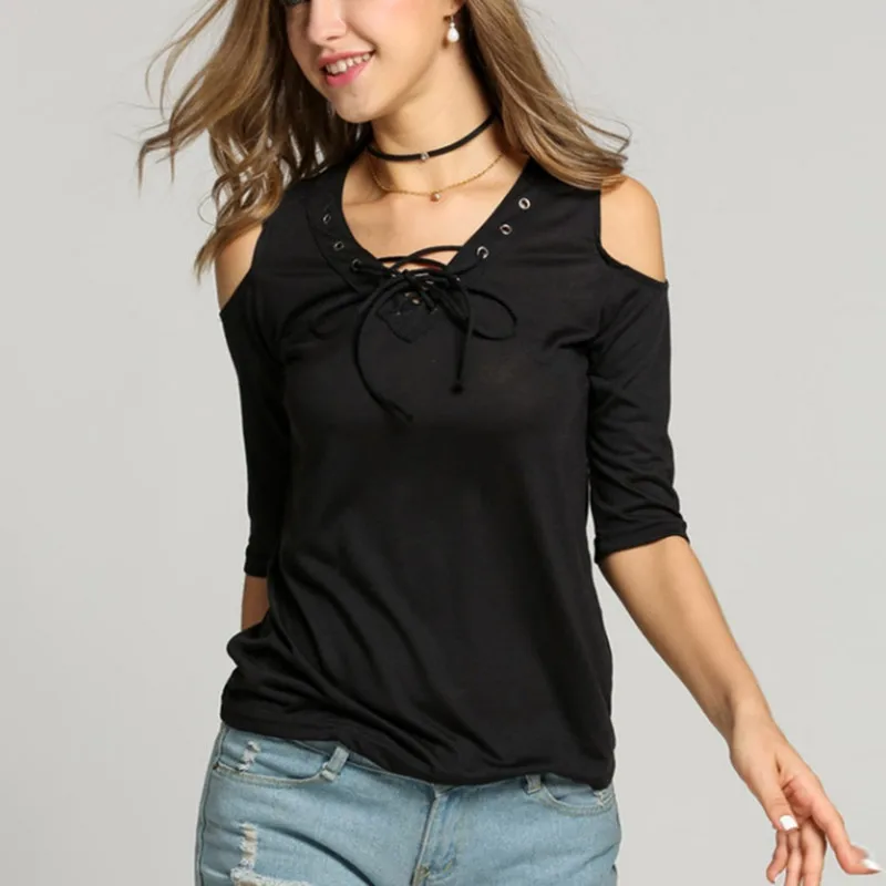 Casual Lace Up Vneck Off Shoulder Half Sleeve Blouse free shipping