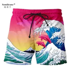 Sondirane Новая мода 3D печати волн узор Творческий шорты летние быстросохнущая Пляжные шорты Повседневное Для мужчин эластичный пояс бордшорты